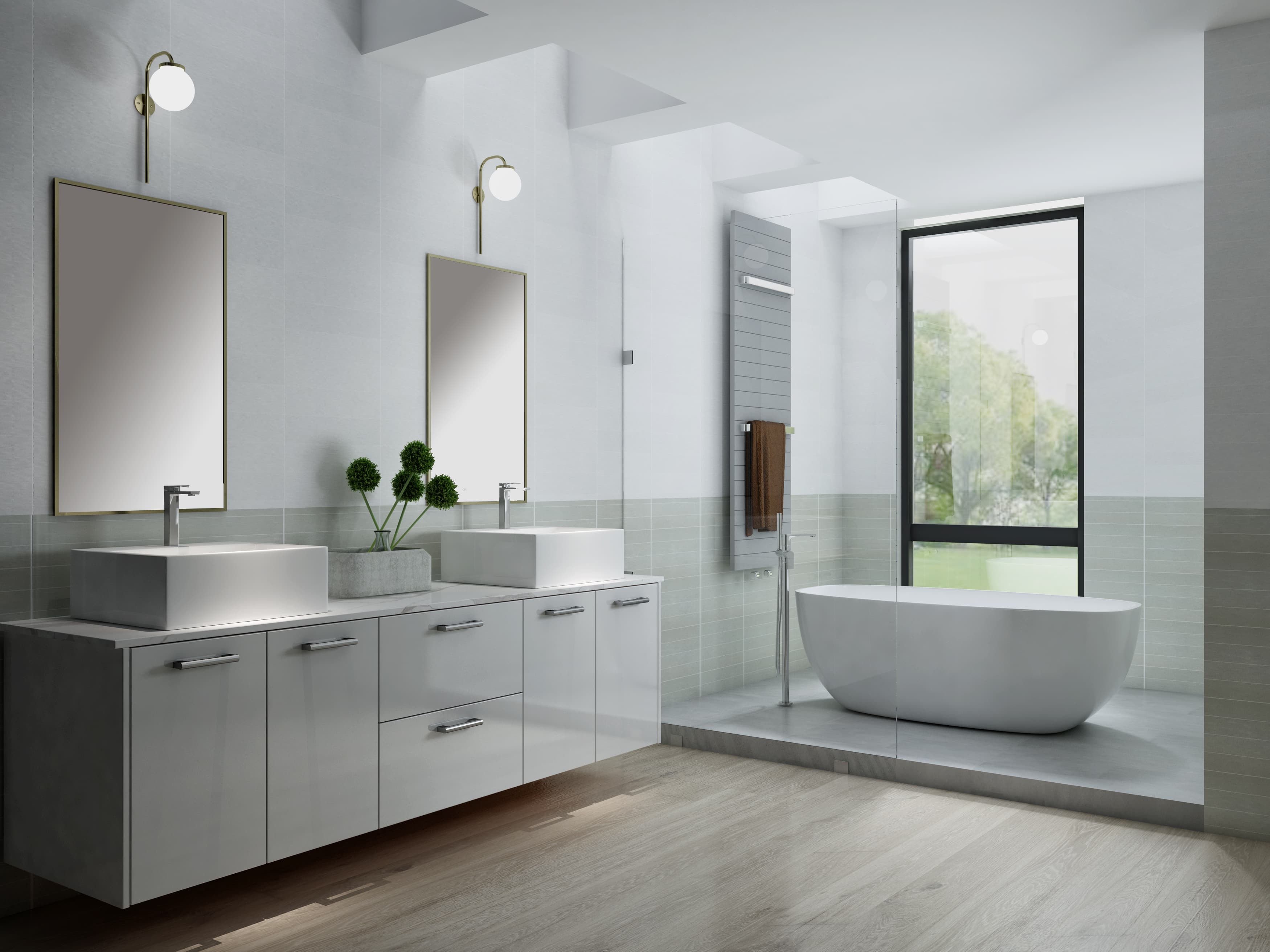 Modern white gloss double vanity with freestanding tub