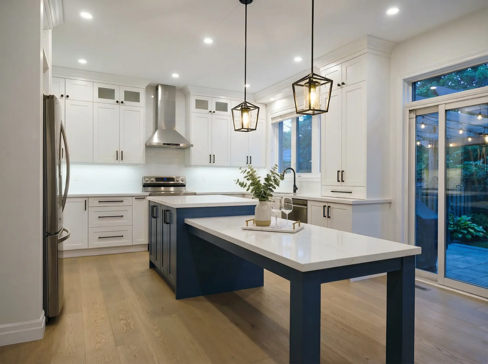 Modern kitchen with navy island and white cabinets